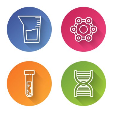 Çizgi Labaratuvar cam veya deney tüpü, kimyasal formül, test tüpü ve matara kimyasalı ve DNA sembolünü ayarla. Renkli daire düğmesi. Vektör