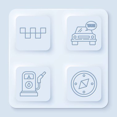 Taksi durağı, taksi arabası, benzin istasyonu ve pusula ayarlayın. Beyaz kare düğme. Vektör