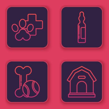 Veterinerlik kliniği sembolü, evcil oyuncaklar kemik kauçuk ve top, evcil hayvan şişesi ve köpek evi. Mavi kare düğme. Vektör