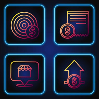 Finansal büyüme ve madeni para, çevrimiçi alışveriş konsepti dolar sembollü hedef ve kağıt çek ve mali çek. Renk simgeleri. Vektör