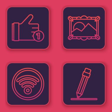 El 'i Wi-Fi kablosuz internet ağı gibi ayarla, resim manzarası ve silgiyle kalem. Mavi kare düğme. Vektör