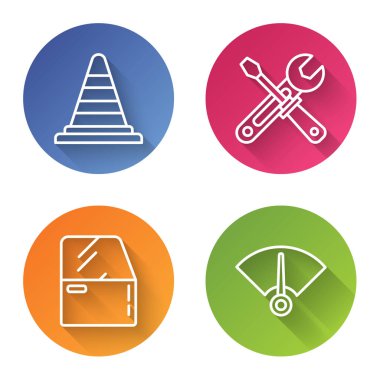 Hat konisi, tornavida ve ingiliz anahtarı, araba kapısı ve hız göstergesi ayarlayın. Renkli daire düğmesi. Vektör