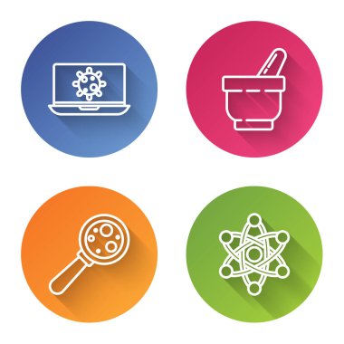 Dizüstü bilgisayara, havan topuna mikroorganizmaları büyüteç ve atoma yerleştirin. Renkli daire düğmesi. Vektör