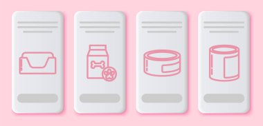 Evcil hayvan yatağı, evcil hayvan için yiyecek çantası, konserve yiyecek ve konserve yiyecek. Beyaz dikdörtgen düğme. Vektör