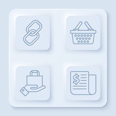 Hat zinciri, alışveriş sepeti, el ve kağıt alışveriş torbası ve finans haberleri. Beyaz kare düğme. Vektör