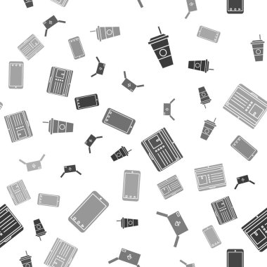 Kahve fincanı, trafik sembollü mukavva kutu, uygulama teslimatlı dizüstü bilgisayar ve kusursuz şablonu olan uygulama teslimatlı cep telefonu. Vektör