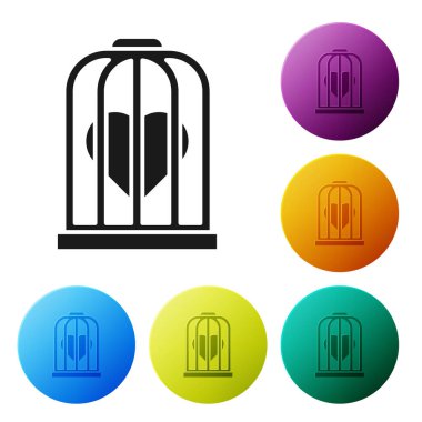 Kuş kafesi ikonundaki Kara Kalp beyaz arka planda izole edilmiş. Aşk işareti. Sevgililer Günü sembolü. Renkli daire düğmelerini ayarlayın. Vektör İllüstrasyonu