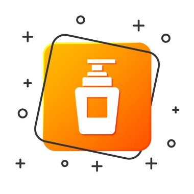 Beyaz arka planda izole edilmiş beyaz şampuan ikonu. Turuncu kare düğme. Vektör İllüstrasyonu