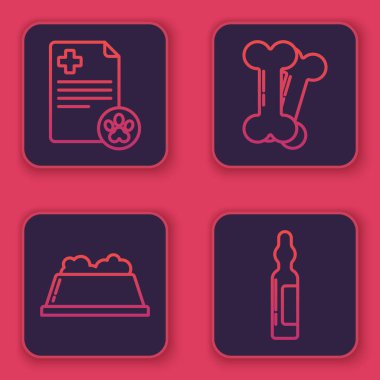 Tıbbi kayıt evcil hayvanı, evcil hayvan kasesi, köpek kemiği ve evcil hayvan şişesi olan bir pano ayarla. Mavi kare düğme. Vektör