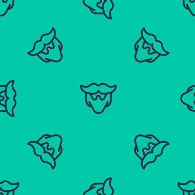 Mavi çizgili bıyık ve sakal ikonu yeşil arka planda kusursuz desen izole etti. Berber dükkanı sembolü. Yüz kılı stili. Vektör İllüstrasyonu