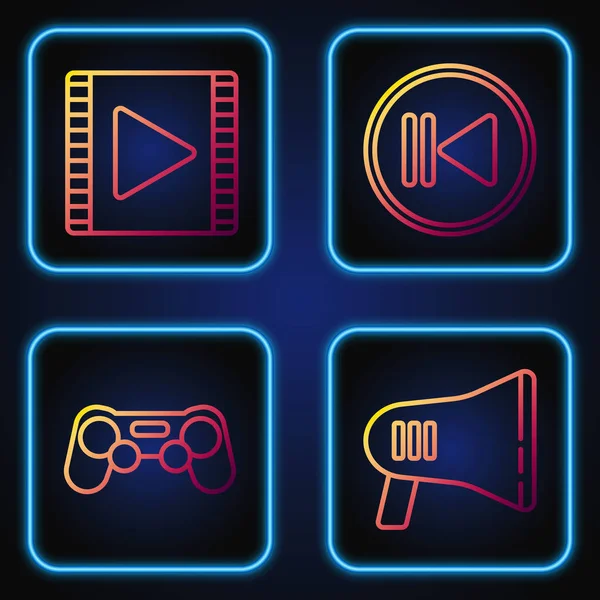 Establecer Línea Megáfono Gamepad Reproducir Vídeo Rebobinar Iconos Color Degradado — Vector de stock