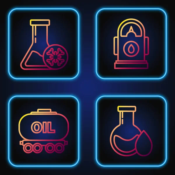 Set line Oil petrol test tube, Oil railway cistern, Antifreeze test tube and Petrol or Gas station. Gradient color icons. Vector