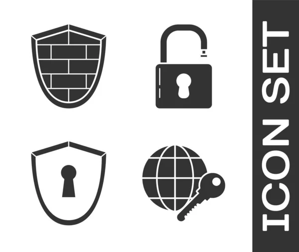 Nastavit Klíč Globe Štít Kybernetickou Bezpečnostní Cihlovou Zdí Štít Klíčovou — Stockový vektor