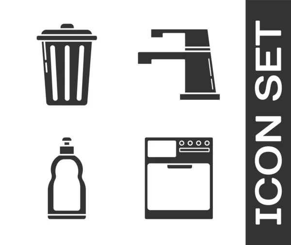 Set Waschmaschine Mülleimer Plastikflaschen Für Flüssiges Spülmittel Und Wasserhahn Symbol — Stockvektor