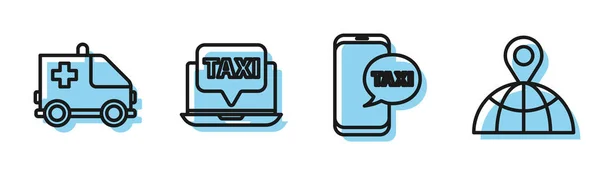 Set Line Taxi Hívás Telefon Szolgáltatás Mentő Sürgősségi Autó Laptop — Stock Vector