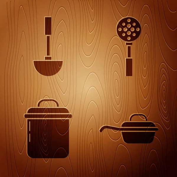 Set Frying Pan Kitchen Ladle Cooking Pot Spatula Wooden Background — Stock Vector