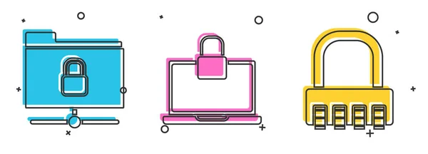 Set Ftp Folder Lock Laptop Lock Safe Combination Lock Icon — Stock Vector