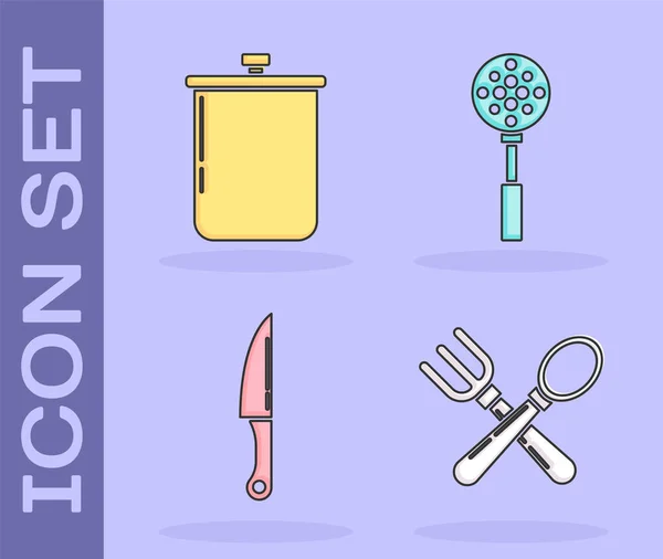 Set Cruzado Tenedor Cuchara Olla Cocina Cuchillo Espátula Icono Vector — Archivo Imágenes Vectoriales