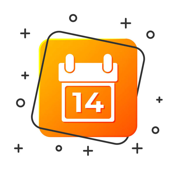 Белый календарь с 14 февраля значок изолирован на белом фоне. День Святого Валентина. Символ любви. Оранжевый квадрат. Векторная миграция
