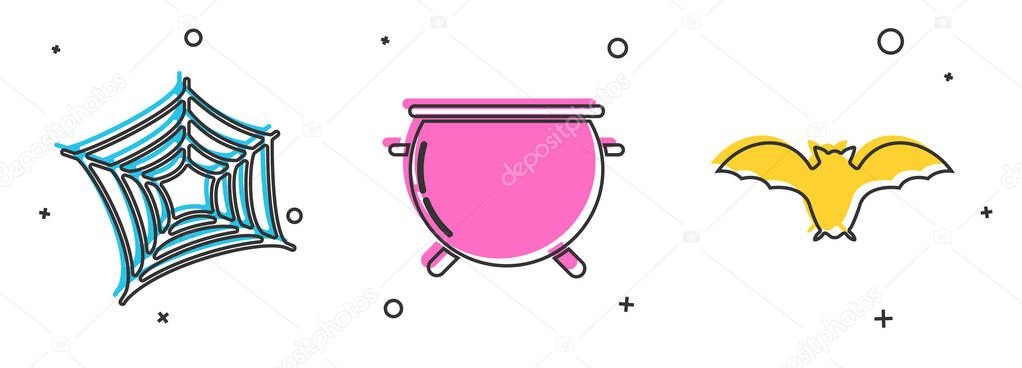Set Spider web , Halloween witch cauldron and Flying bat icon. Vector — Stock Illustration Set Spider Web Halloween Witch Cauldron Flying Bat Icon Vector Royalty Free Stock Illustrations