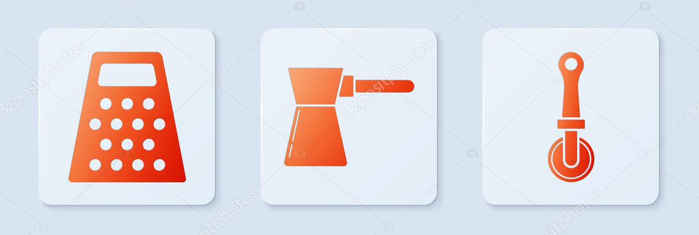 Set Coffee turk , Grater  and Pizza knife . White square button. Vector