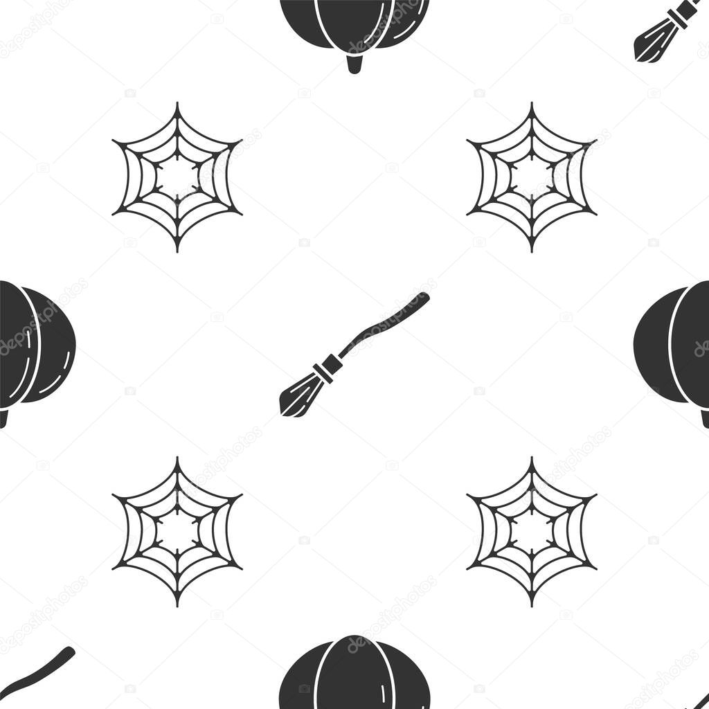 Set Pumpkin , Witches broom  and Spider web  on seamless pattern. Vector