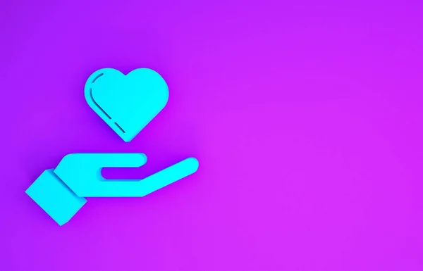 Blue Heart Hand Icon Isolated Purple Background Hand Giving Love — Stock Photo, Image