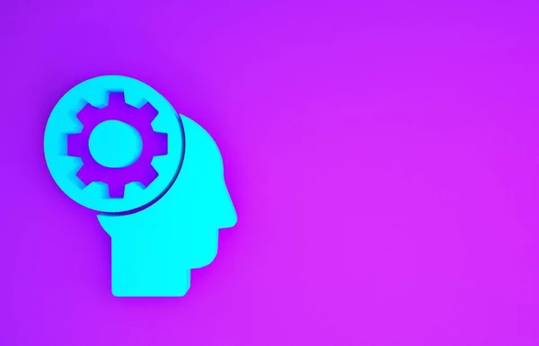 蓝色人头与齿轮内图标隔离在紫色背景 人工智能 思考大脑信号 大脑的符号工作 最低纲领的概念 3D说明3D — 图库照片
