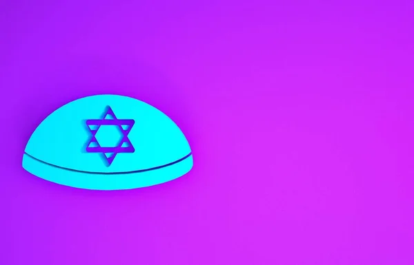 蓝色犹太Kippah与大卫的明星图标隔离在紫色背景 犹太亚穆克帽 最低纲领的概念 3D渲染3D插图 — 图库照片