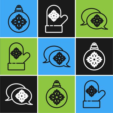 Çizgili Noel balosu, konuşma balonlu kar tanesi ve Noel eldiveni ikonu. Vektör