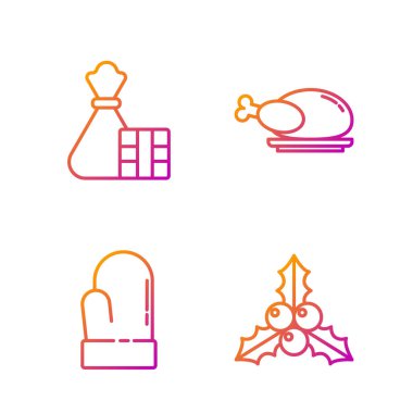 Dal viburnum ya da guelder gülü, Noel eldiveni, hediye paketi ve kızarmış hindi ya da tavuk. Renk simgeleri. Vektör