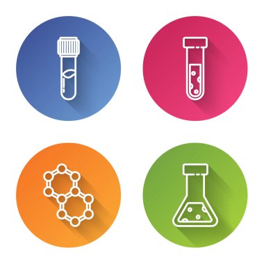 Test tüpü ve matara kimyasalı test tüpü ve matara kimyasalı, molekül ve test tüpü ve matara kimyasalı hazırlayın. Renkli daire düğmesi. Vektör