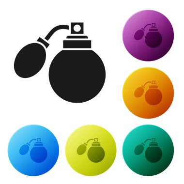 Beyaz arka planda izole edilmiş siyah tıraş losyonu şişesi. Parfüm spreyi ikonu. Erkek parfüm şişesi. Renkli daire düğmelerini ayarlayın. Vektör İllüstrasyonu