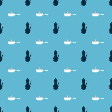 Bir şişe zeytinyağı ve kızartma tavasını pürüzsüz desene ayarlayın. Vektör