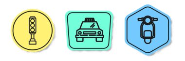 Trafik lambası, taksi arabası ve scooter ayarlayın. Renkli şekiller. Vektör