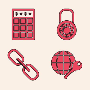 Globe anahtarını, Parola korumasını ve güvenlik erişimini, güvenli kilit tekerini ve zincir bağlantı simgesini ayarla. Vektör