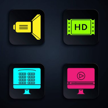 Online oyun videosu, spot ışıkları, internetten sinema bileti ve 4K film, kaset, çerçeve. Siyah kare düğme. Vektör
