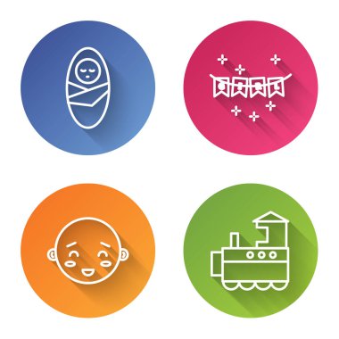 Yeni doğan bebek kundaklanmış çizgi, bayraklı karnaval çelengi, mutlu küçük çocuk kafası ve oyuncak tren. Renkli daire düğmesi. Vektör