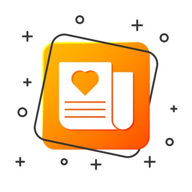 Beyaz arka plan üzerinde izole Valentine kalp simgesi ile Beyaz Zarf. Mesaj aşk. Mektup aşk ve romantizm. Turuncu kare düğme. Vektör İllüstrasyonu