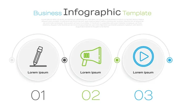 Definir Linha Lápis Com Borracha Megafone Jogar Círculo Modelo Infográfico — Vetor de Stock