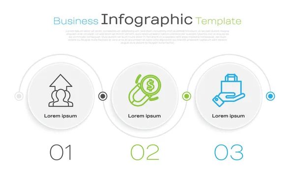 ラインを設定する人々の成長チャートと進歩 お金と手と紙のショッピングバッグで磁石 ビジネスインフォグラフィックテンプレート ベクトル — ストックベクタ