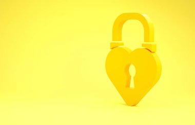 Sarı arka planda izole edilmiş kalp simgesi şeklinde sarı bir kale. Aşk sembolü ve anahtar deliği işareti. 8 Mart. Mutlu Kadın Günleri. Minimalizm kavramı. 3d illüstrasyon 3d canlandırma