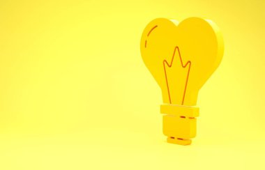 Sarı arkaplanda izole edilmiş bir ampul ikonunda sarı kalp şekli. Aşk sembolü. 8 Mart. Uluslararası Mutlu Kadınlar Günü. Minimalizm kavramı. 3d illüstrasyon 3d canlandırma