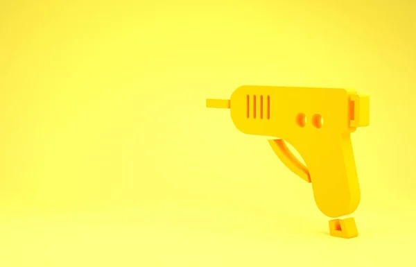 Yellow Electric hot glue gun icon isolated on yellow background. Hot pistol glue. Hot repair work appliance silicone. Minimalism concept. 3d illustration 3D render