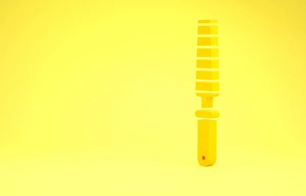 黄色の背景に分離された木材アイコンのための黄色のチゼルツール 最小限の概念 3Dイラスト3Dレンダリング — ストック写真