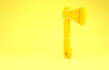 Sarı ahşap balta ikonu sarı arkaplanda izole edilmiş. Oduncu baltası. Minimalizm kavramı. 3d illüstrasyon 3B canlandırma