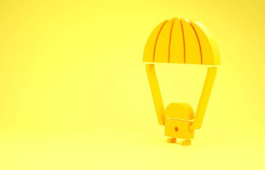 Sarı arka planda izole edilmiş paraşüt ikonu ile Dünya 'ya dönen sarı uzay kapsülü. Minimalizm kavramı. 3d illüstrasyon 3d canlandırma