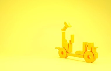 Sarı arkaplanda izole edilmiş sarı Mars gezgin simgesi. Uzay aracı. Ay yürüyüşü işareti. Gezegen yüzeyini incelemek için bir cihaz. Minimalizm kavramı. 3d illüstrasyon 3B canlandırma