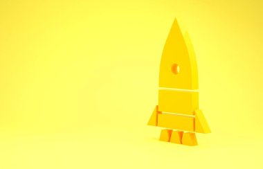 Sarı Roket gemisi ikonu sarı arkaplanda izole edildi. Uzay yolculuğu. Minimalizm kavramı. 3d illüstrasyon 3B canlandırma