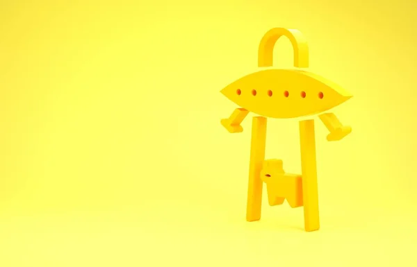 Yellow UFO abducts cow icon isolated on yellow background. Flying saucer. Alien space ship. Futuristic unknown flying object. Minimalism concept. 3d illustration 3D render